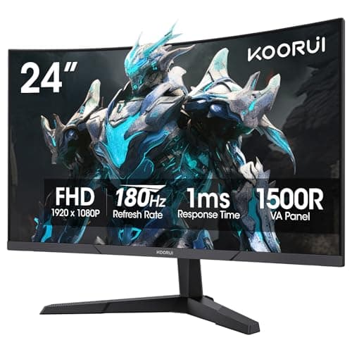 KOORUI 24 Inch Gaming Monitor - FHD 1080P Curved Monitors 180Hz VA, Built-in Adaptive Sync with 1ms, 1500R with Ultra-Thin, HDMI X2 / DP, VESA Compatible, Tilt Adjustable, Eye Care 24E6CA