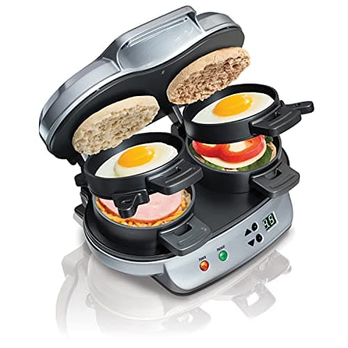 Hamilton Beach Dual Breakfast Sandwich Maker with Timer, Ready in 5 Minutes, Removable Dishwasher Safe PFAS-Free Non-Stick Egg Cooker Ring, Silver (25490C)