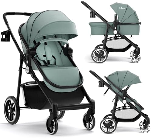 INFANS 2 in 1 Baby Stroller, High Landscape Infant Stroller Reversible Seat, Foldable Pushchair with Suspension Wheels Adjustable Canopy, Cup Holder, Storage Basket (Forest)