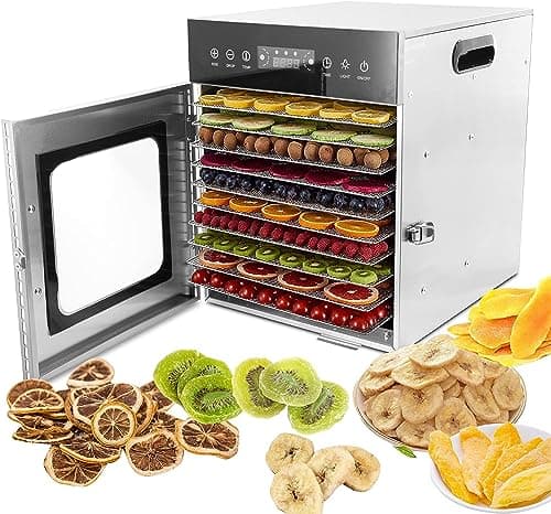 CLIVIA Food Dehydrator Machine, 10 Trays Commercial Food Dryer Stainless Steel fruit Dehydrator with Touch Temp Control & 24H Timer for Beef Jerky/Meat/Fruit/Vegetable/Pet Treats, 400W