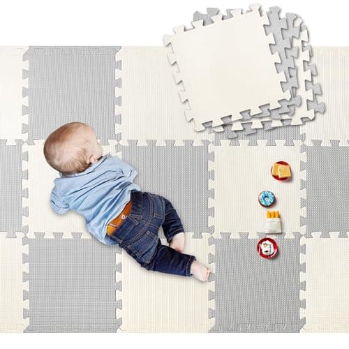 LIVINGbasics Baby Play Mat, 1cm Cushioned 18 pcs Puzzle EVA Foam Exercise Play Mat 1.62 Sqm Coverage Interlocking Floor Tiles, Portable Crawling Floor Mats for Kids Toddler