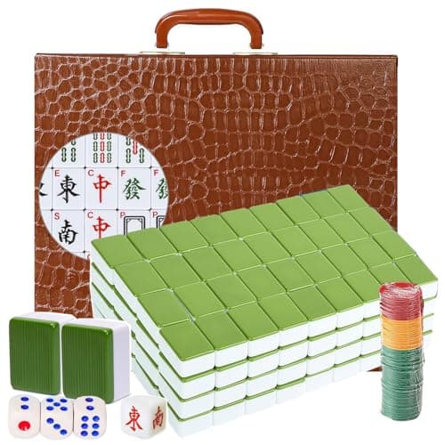 Mahjong Set,Chinese Mahjong Game Set with Carrying Travel Case, 1.5'' Large 146 Tiles with Arabic Numerals, 3 Dices, A Wind Indicator, A Set of Chips, Mah Jongg Set (Green)