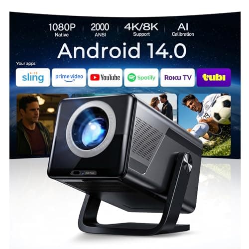 [2000 ANSI Lumens] Native 1080P Smart Outdoor Video Projector 4K 8K, Android 14 Projecteur Exterieur with HiFi Sound, Auto Focus & Keystone, WiFi 6 Bluetooth Home Theater for iPhone/Netflix X7