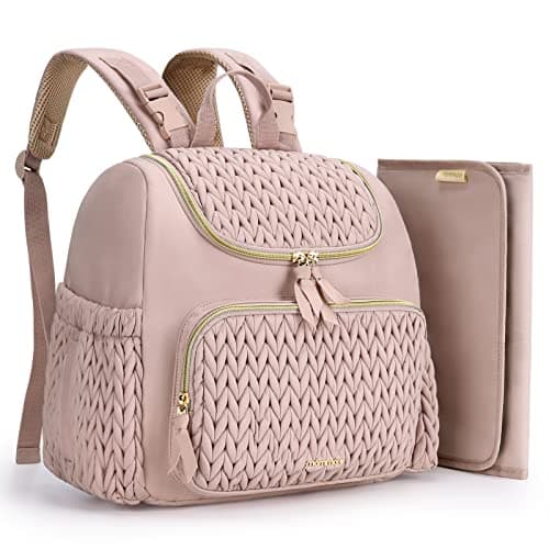 mommore Diaper Bag Small Diaper Backpack Wide-Open Baby Travel Backpacks with Insulated Pockets, Changing Pad, Stroller Straps, Pink