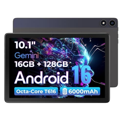 Tablet 10 Inch Android 16 with Gemini AI, HD IPS Display 16GB RAM 128GB ROM (512GB Expandable), 13MP+5MP Cameras, UNISOC T616 Octa-Core, Widevine L1 for Netflix/YouTube, 6000mAh 18W Fast Charge