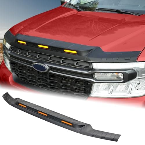 Mabett Hood Deflector Protector with 3 Pcs LED Grille Lights for Ford Maverick 2022-2025 Accessories, Hood Shield Replacement with Waterproof Amber Trim Lamp for Maverick