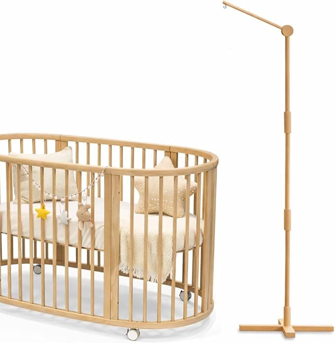 Crib Mobile Arm Wooden Floor Standing - 61 Inches Mobile Arm for Crib|Movable Baby Mobile Hanger|Strong Anti-Dumping Attachment|Natural EU Beech Wood|Thicker Pole|Boho Nursery Decor