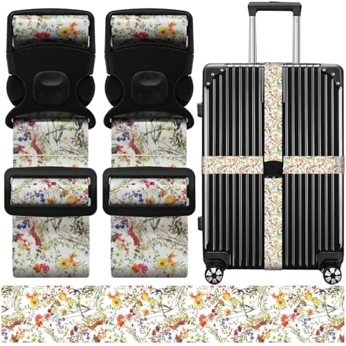 Luggage Straps for Suitcases, Travel Adjustable Belt with Quick Release Buckle, Heavy Duty Nylon Bag Packing Strap, Unique Bright Identifiers Business Travel Accessories (2 Pack) - Yellow Flowers