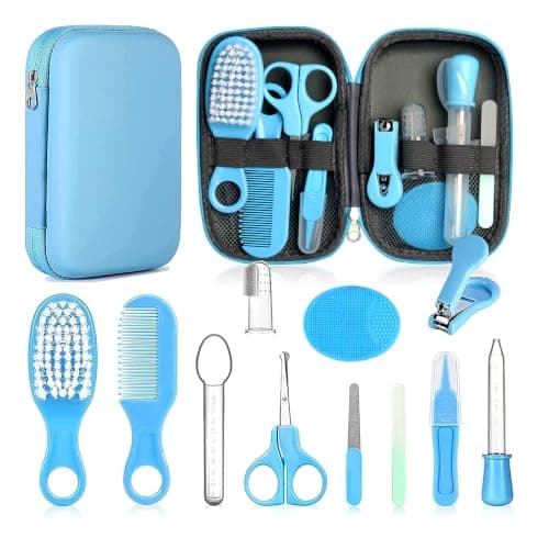 Baby Grooming Kit - 12 in 1 Nursery Essentials Baby Registry Shower Gift for Newborns, Infants, Toddlers, Boys, Girls Kids-Safety Baby Comb, Brush, Finger Toothbrush, Nail Clippers, Scissors(Blue)