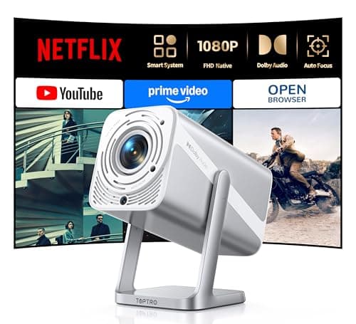 Smart Projector 4K with Dolby Audio|Compatible with Netflix|Autofocus/Keystone, 1080P Portable Mini Projecteur with WiFi6/Bluetooth5.2/360°Rotating Stand, TOPTRO Short Throw Indoor/Outdoor Projectors