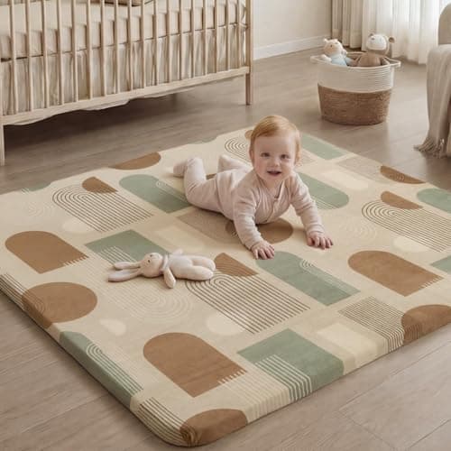 Blissful Diary 1.3" Thick Baby Play Mat, 50x50 Playpen Mat with Removable & Washable Cover, Ultra Soft Crawling Rug for Floor, Foam Cushion & Non-Slip Backing for Kids, Toddlers, Earth Tone Rainbow