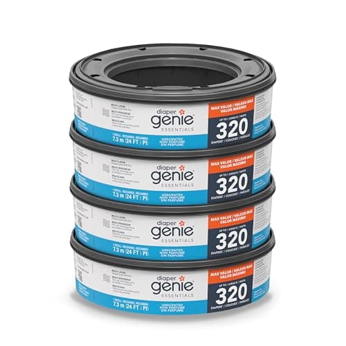 Diaper Genie Essentials Round Refill 4-Pack | Holds Up to 1280 Newborn Diapers | Features Unscented Continuous Film | Compatible with Diaper Genie Complete and Expressions Pails