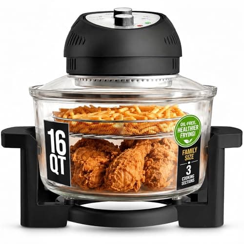 Granitestone 16Qt Extra Large Glass Air Fryer Non Toxic – Family Sized 4 in 1 Cooker with 3 Cooking Sections, Stainless Steel Racks for Fries, Chicken, No Preheat, Self Cleaning, Dishwasher Safe