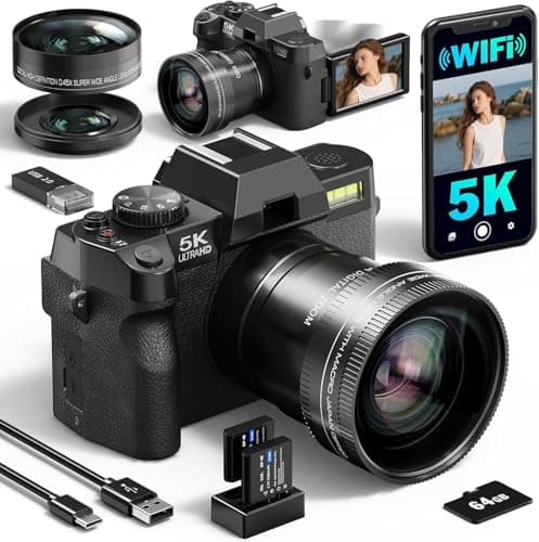 5K Digital Camera for Photography, 64MP Vlogging Camera Kit with 180 Flip Screen, Compact Camera with 64GB TF Card, WiFi, and Wide-Angle & Macro Lens, Autofocus 16X Zoom for Beginners (Black)