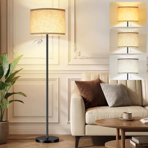 FUNNYBEHOM Floor Lamp, Floor Lamps for Living Room 3 Color Temperature Standing Lamp with Pull Chain Switch, Black Floor Lamp with Lampshade, Modern Tall Light for Bedroom Office(9W Bulb Included)