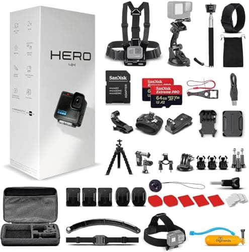 Go Pro Hero (Go Pro Hero) Black Compact - Waterproof Action Camera with 4K Ultra HD Video, 12MP Photos + 50-in-1 Accessory Kit + 2 X 64GB Card + More