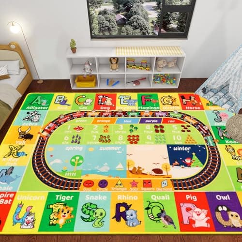 DINSUMRUG ABC Kids Rug for Playroom 150×100CM Baby Play Mat Alphabet Mat Animal Number Shape Classroom Rug Kids Playroom Carpet Early Learning Carpet for Educational Learning & Game Area Preschool