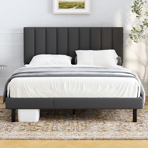 Lukace Queen Bed Frame with Upholstered Headboard Wood Slat Support Gray