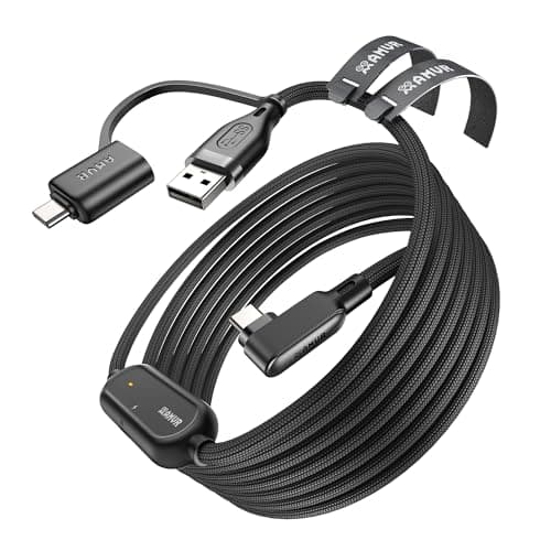 AMVR Link Cable with Charging 16FT Compatible with Meta Quest 3/3S/2/Pico 4 Accessories, Nylon Braided Cable with USB 3.0 A to C Adapter for SteamVR, High-Speed Max 5Gbps, Play While Charger (Black)