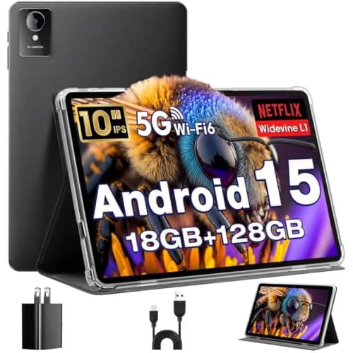 Tablet 10 inch Android 15 Tablets, Tablette with case, 18 GB RAM 128 GB ROM 1 TB Expand, Octa-Core, 6000mAh 1280x800 IPS HD, 5G WiFi, GPS, Widevine L1, 5MP+8MP Dual Camera