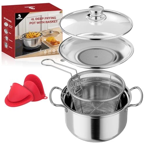 Thorses Deep Frying Pot with Basket, 4.2QT Multi-Functional Stainless Steel Stove Top Deep Fryer Cooking Pot with Basket and Oil strainer For Frying, Stewing, Boiling for Kitchen and Camping