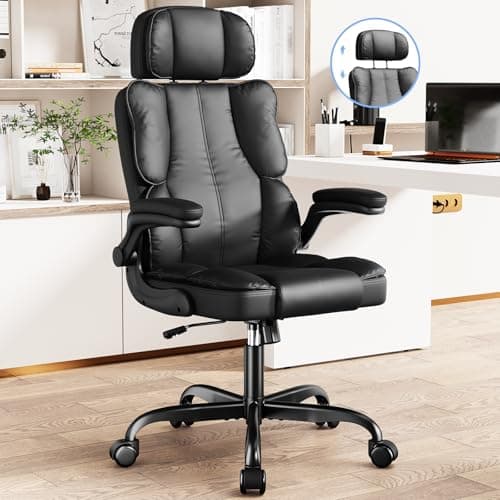 Kensaker Ergonomic Executive Office Chair with Adjustable Headrest & 90° Flip-Up Arms, High Back PU Leather Computer Desk Chair with 135° Rocking & Double Padding for Home Office Comfort, Black