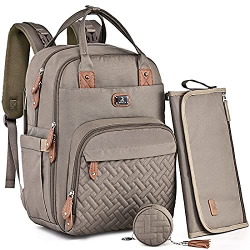 Diaper Bag Backpack with Portable Changing Pad, Pacifier Case and Stroller Straps, Dikaslon Large Unisex Baby Bags for Boys Girls, Multipurpose Travel Back Pack for Moms Dads,Khaki