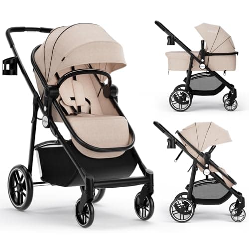 INFANS 2 in 1 Baby Stroller, High Landscape Infant Stroller Reversible Seat, Foldable Pushchair with Suspension Wheels Adjustable Canopy, Cup Holder, Storage Basket (Khaki)