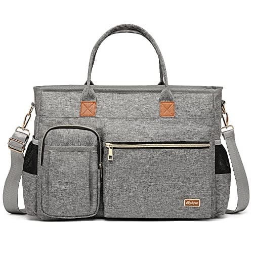 Diaper Bag Tote, Rabjen Large Travel Multifunction Baby Bag with Insulated Pockets Padded Sleeve for up to 15.6’’ Laptop (Gray)