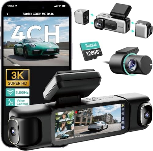 BOTSLAB 4-Channel 360° Dash Cam | 3K/4K Front,Rear and Side Triple 1080P Cameras | 5.8GHz WiFi, GPS, Voice Control | 24/7 Parking Mode | 128GB SD Card Included | 12 Months Replacement Warranty