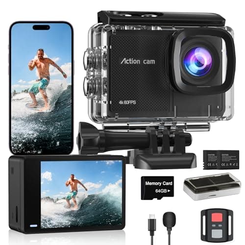 4K 60FPS Action Camera with 64GB Card-48MP Waterproof Camera,40M Underwater Camera,8X Zoom,EIS Stabilization,WiFi,Remote Control,MotorcycleCamera with 2 Rechargeable Batteries