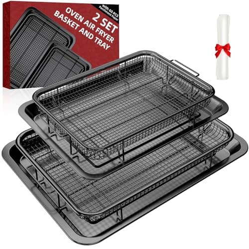 Air Fryer Basket, 2 Set Air Fryer Pans and Tray for Oven with 60 PCS Parchment Papers, Demaxia Non-Stick Stainless Steel Oven Air Fryer Basket and Tray (15.8" x 11" & 13" x 9.7"-Black)