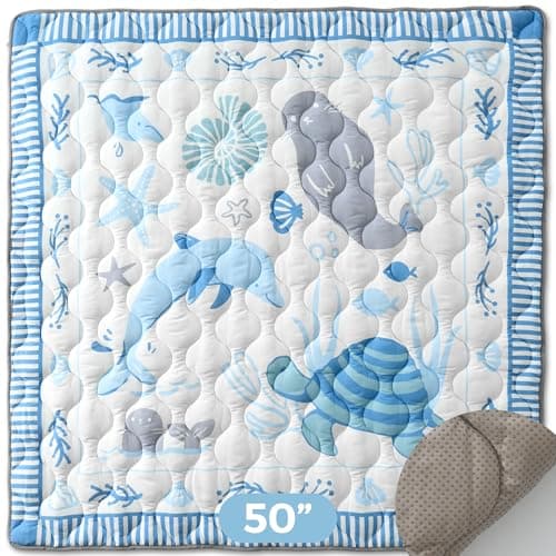 Momcozy Baby Play Mat for Floor, 50x50 Thickened Playpen Mat, Playmate for Baby Tummy Time, Waterproof & Non-Slip, Foldable Outdoor Mat with Carrying Handle, Ocean Theam