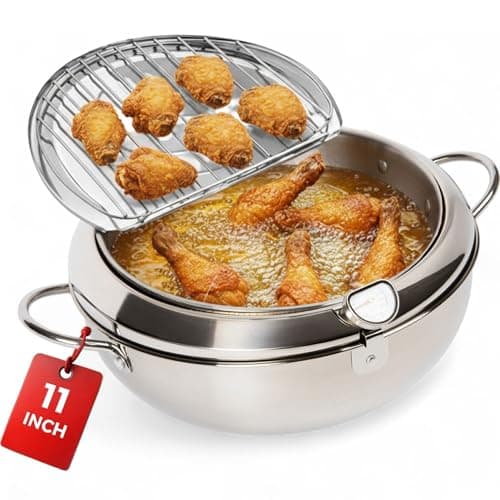 Alpha Living SDF-04 Deep Fryer Pot – 11-Inch Stainless Steel Frying Pot with Oil Thermometer – Ideal for Deep Frying Chicken, Fries, Mini Donuts, Tempura & More – Frying Pan for Home Use