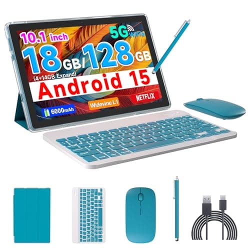 Android 15 Tablet, 10 inch 18GB RAM+128GB ROM Tablet Support 2TB Expand, 2 in 1 Tablets with Keyboard Case Mouse Stylus, 2.0Ghz Quad-core Processor, 8MP Camera, 6000mAh Battery, 2.4G/5G Wifi6 Tableta