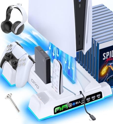 PS5 / PS5 Slim / PS5 Pro Stand and Cooling Station with LED Controller Charging Station for PlayStation 5 Console, PS5 Controller Charger, PS5 / PS5 Slim / PS5 Pro Accessories with 3 Level Cooling Fan