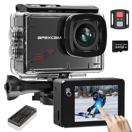 Apexcam New M80PRO Action Cam 4K 64MP EIS Touch Screen with 64GB Card Sport Camera Waterproof Underwater Camera 40M 8X Zoom and 2 * 1350mAh Battery Accessories Kit