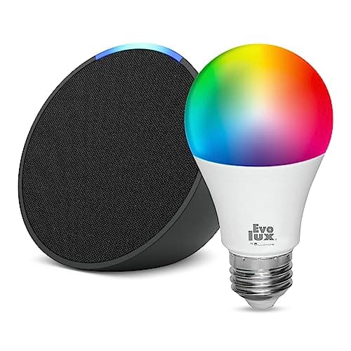 Amazon Echo Pop (newest model) + Evolux Smart Bulb, Designed for Alexa+, Charcoal