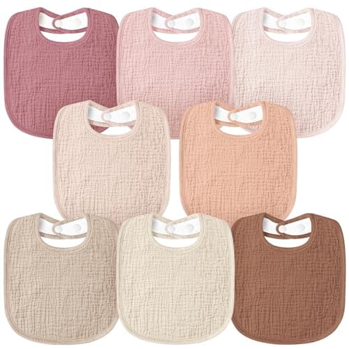 Susurration Muslin Baby Drool Bibs 8Pack Soft Square Adjustable Baby Bandana Bibs for Unisex Girls & Boys (Pink Brown)