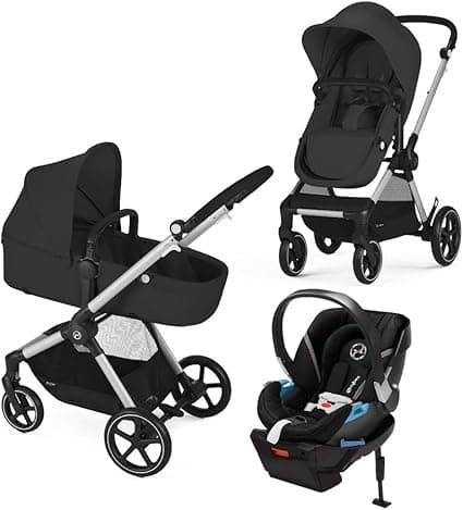 Cybex EOS 5-in-1 Travel System Stroller (Moon Black Seat with Silver Frame) + Lightweight Aton 2 Infant Car Seat with SensorSafe (Lavestone Black)
