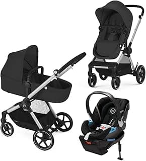 Cybex EOS 5-in-1 Travel System Stroller (Moon Black Seat with Silver Frame) + Lightweight Aton 2 Infant Car Seat with SensorSafe (Lavestone Black)