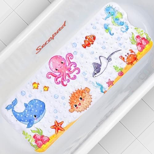 Baby Bath Mat for Tub for Kids, 40 x 16 Inch Non Slip Cartoon Bath Tub Shower Mat Anti Slip with Drain Holes and Suction Cups Machine Washable