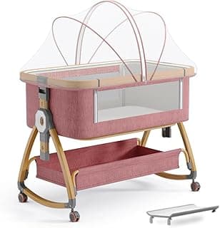 Baby Bassinet, Bedside Bassinet for Baby, 4 in 1 Portable Bedside Sleeper with Wheels Mosquito Net & Storage Basket, 6 Height Adjustable Rocking Bassinet for Newborn Baby