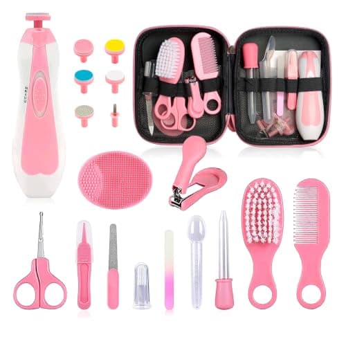 Baby Grooming Kit - 19 in 1 Nursery Essentials Baby Registry Shower Gift for Newborns, Infants, Toddlers, Boys, Girls Kids-Safety Baby Comb, Brush, Finger Toothbrush, Nail Clippers, Scissors(Pink)