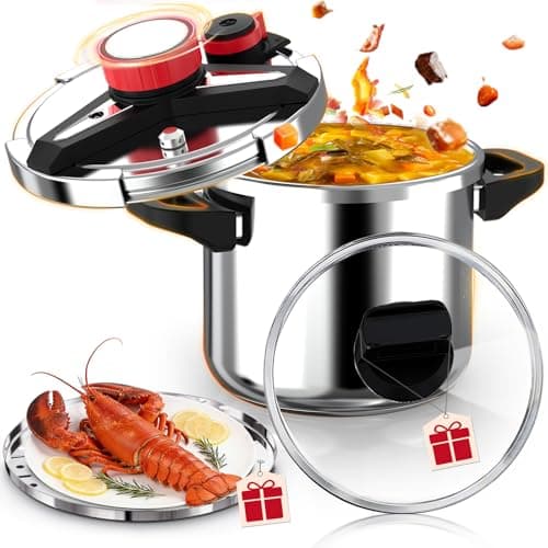 18/8 Stainless Steel Pressure Cooker 10 Litre / 10.5 Quart, [One-Hand Locking] Olla de Presion, [3-In-1] Pressure Cooker Stainless Steel, Induction Compatible, Glass Lid & Steamer Rack Included