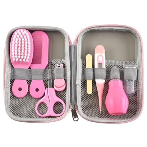BTSEURY Baby Grooming Kit, Hair Brush Nail Clipper Nose Cleaner Finger Toothbrush Scissor Newborn Care Set with Zippered Organizer for Boys Girls (Pink)