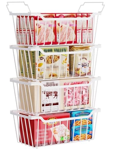 SUNALLY Deep Freezer Organizer Bins 4 Pack Stackable Chest Baskets, White