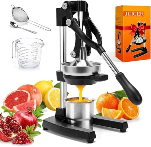 Manual Citrus Juicer Press, Stainless Steel Hand Juicer with Complete Accessory Kit - Strainer, Measuring Cup, Serving Cup, Spoon & Allen Wrench, High Yield Squeezer for Orange Lemon Lime - Black