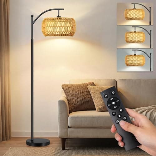 LANICHO Floor Lamp, Boho Floor Lamp with Rattan & Linen Shades, Arc Floor Lamps for Living Room with Remote, Standing Lamps with Stepless Dimmable Bulb, Adjustable Tall Lamp for Bedroom, Office