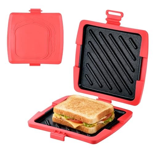 Microwave Sandwich Maker, Red Panini Press, Grilled Cheese Sandwich Maker with Removable Aluminium Plates & Silicone Shell, 16 x 16cm Microwave Toastie Makers for Bacon Sandwich Panini Grilling